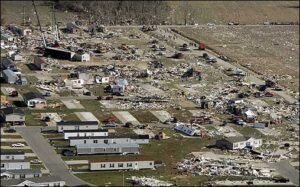 Aerial footage of tornado damage.